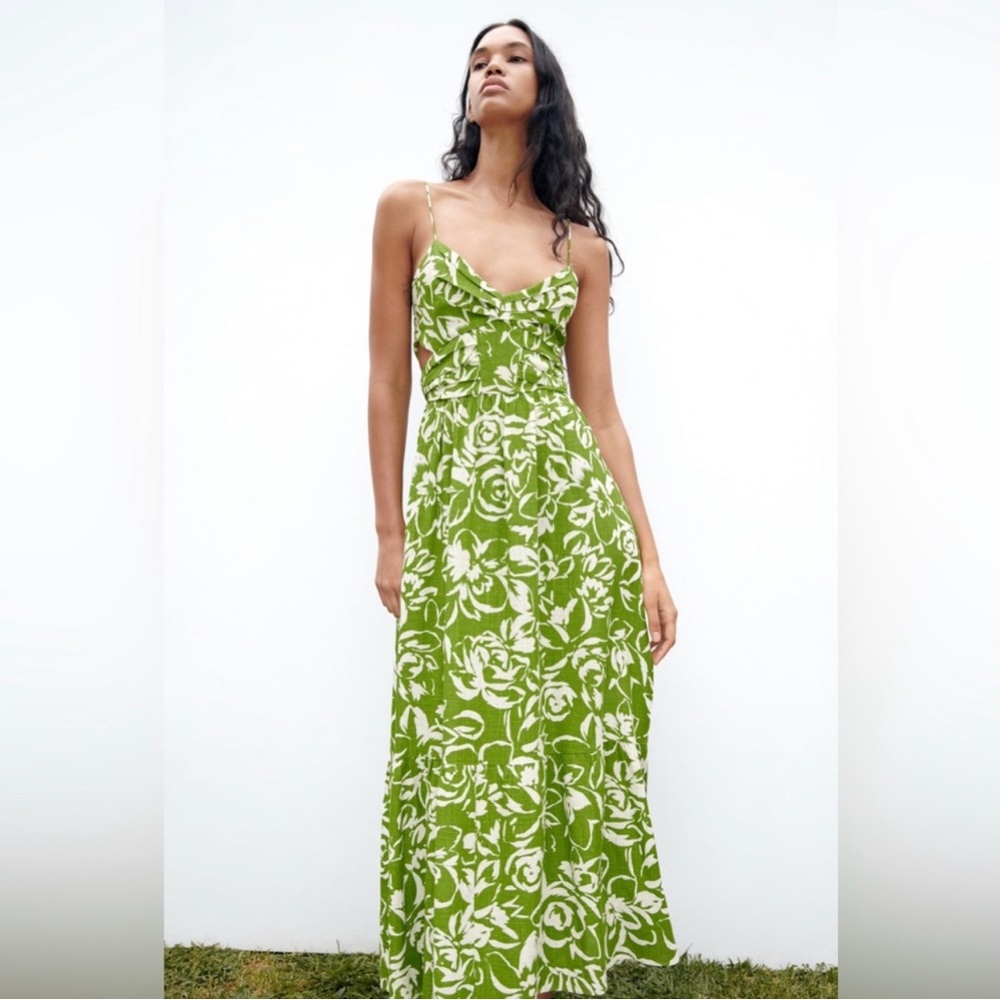 NWT ZARA FLORAL CUTOUT LINEN BLEND MIDI DRESS